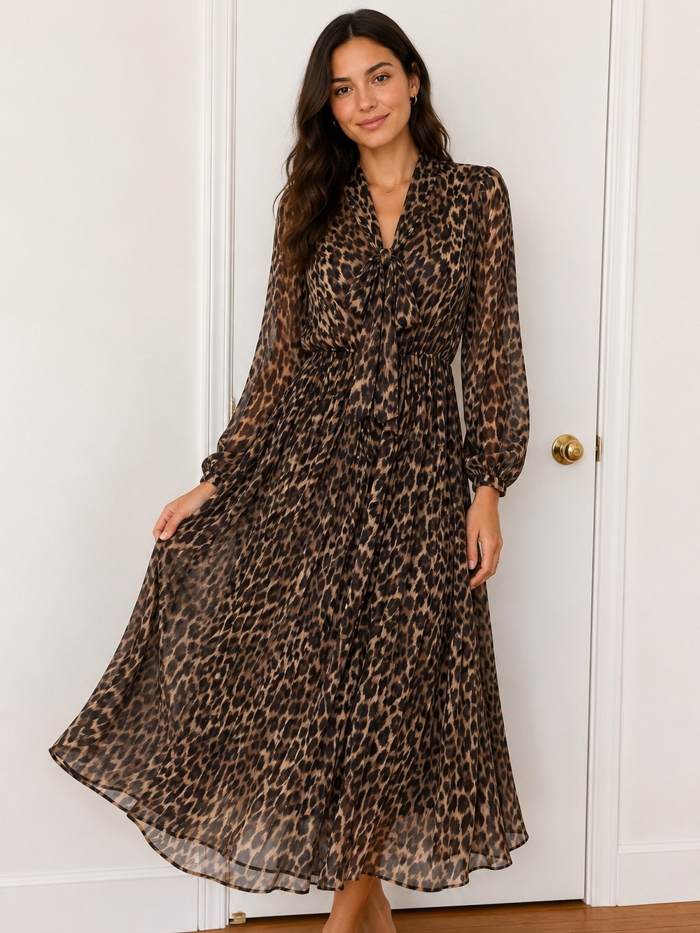 Banana Republic Leopard-Print Long Sleeve Midi Dress in Brown